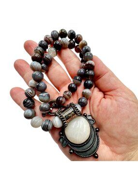 Mexico CII Striped Agate Sterling Silver Pendant 18 Inch Necklace